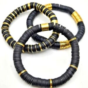 Set of 3 Black and Goldtone Silicone Beaded Stretch Bracelets